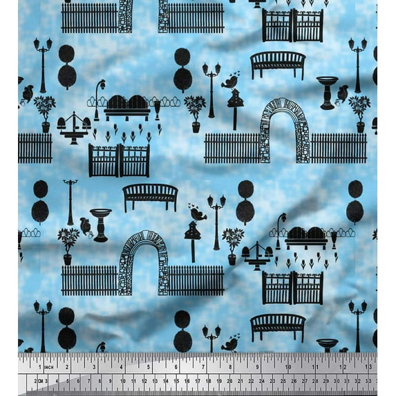 Soimoi Blue polyester Crepe Fabric Bench & Fence Gate Modern Style Fabric Prints By Yard 52 Inch Wide