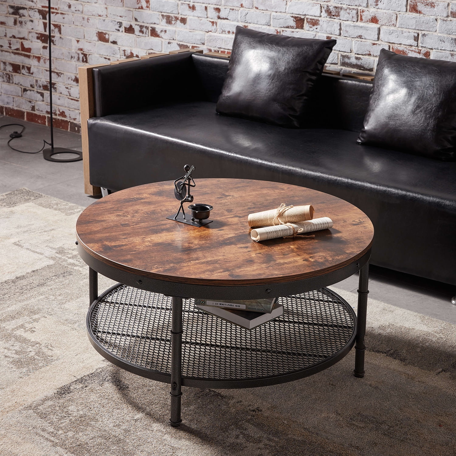 Kadyn 2-Tier Round Coffee Table, Particle Board Coffee Table with 3D Texture Metal Frame and Mesh, Modern Round Coffee Table for Living Room, Rustic Brown