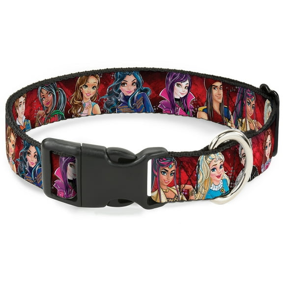 Disney Pet Collar, Dog Collar Plastic Buckle, Descendants Character Group Pose Reds Gray, 7 to 8.5 Inches 0.5 Inch Wide