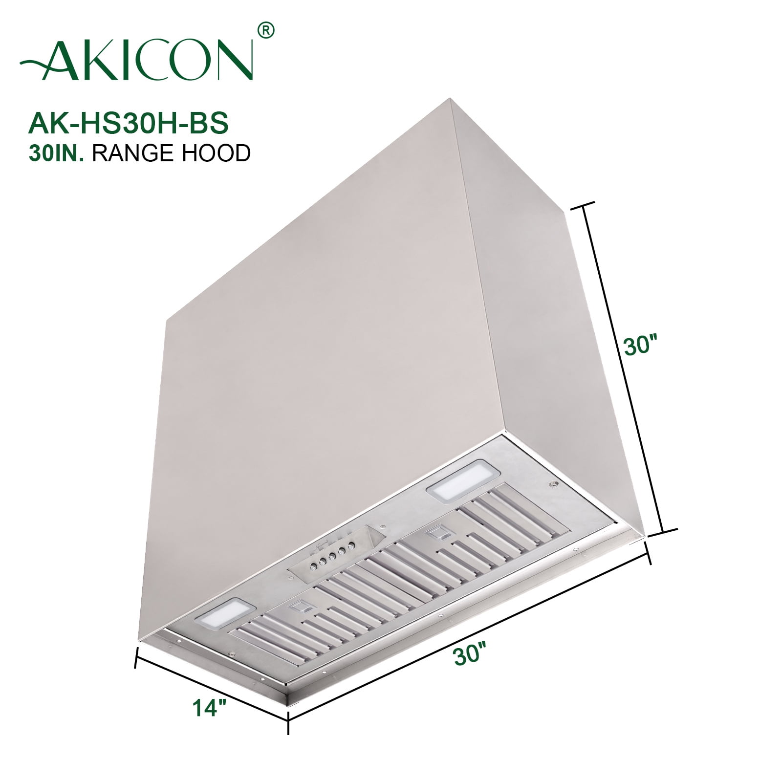 Akicon Stainless Steel Range Hood, Modern Box Ducted Kitchen Hood with Powerful Vent Motor, Wall Mount, 30"W*30"H*14"D, Brushed Stainless