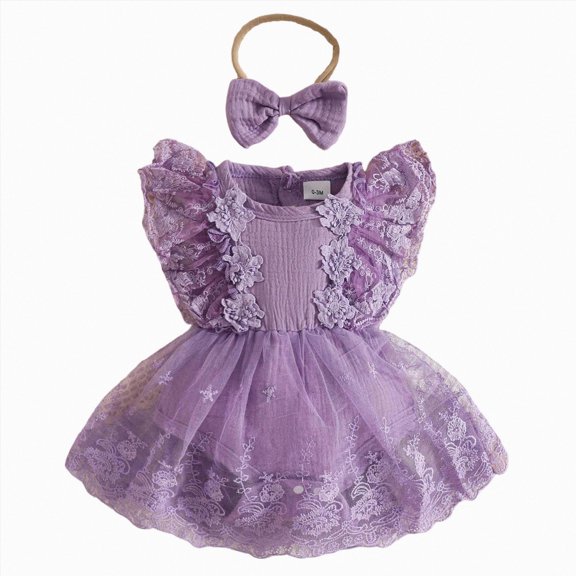 Xudanell Girl Romper Dress Short Sleeve Mesh Tutu Dress Girls Lace Mesh Dress Jumpsuits with Headband(Purple, 3-6 Months)