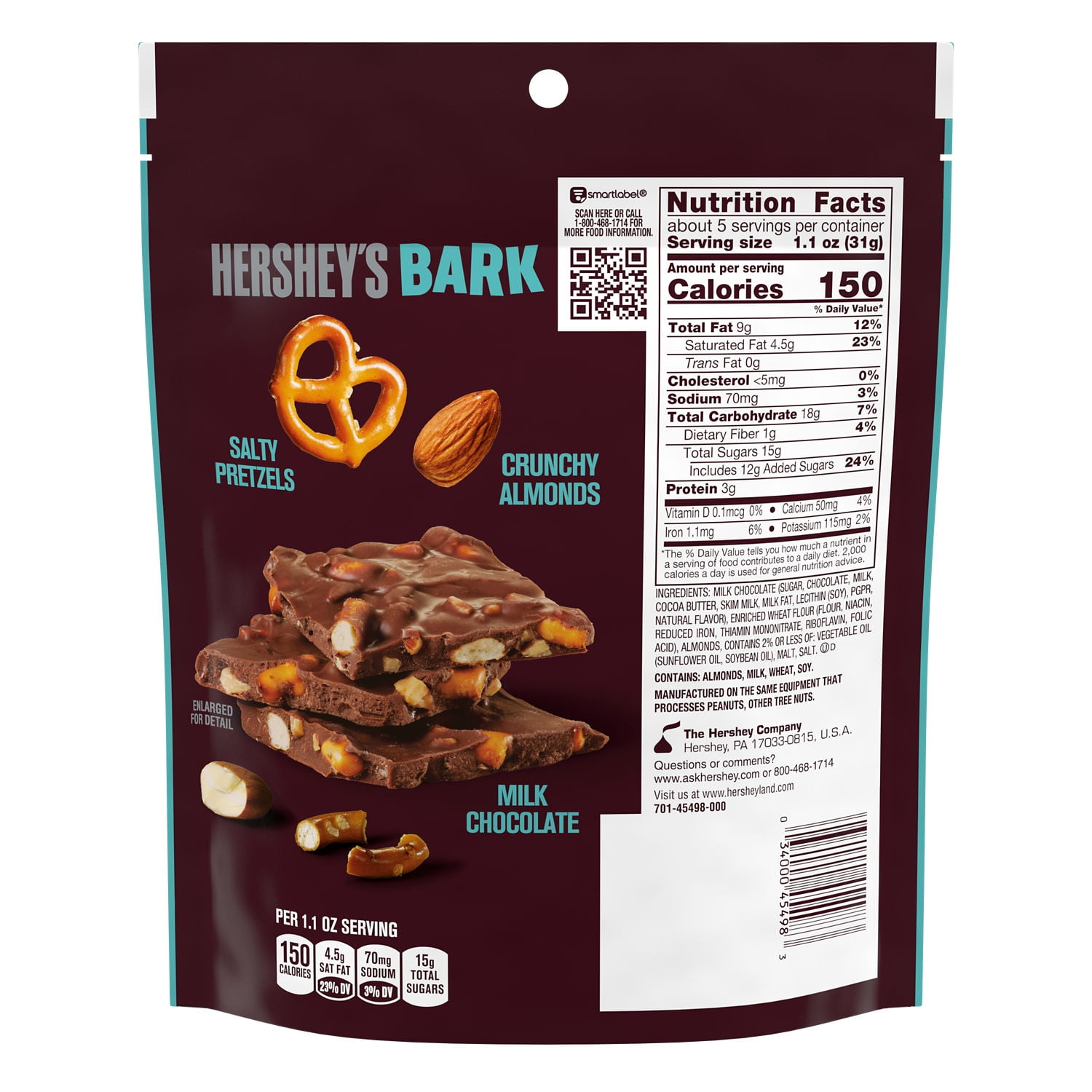 Hershey's Milk Chocolate Candy, Almonds and Salted Pretzels Bark Bag, 6 oz