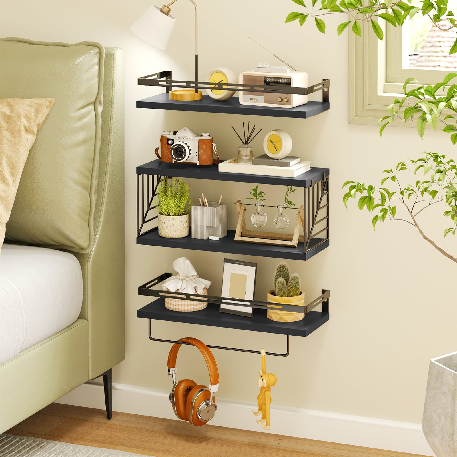 Fairy 4pcs Bathroom Floating Shelves Over Toilet, Wall Shelves with Towel Bar for Bathroom, Living Room (Black)
