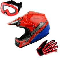 Wow! Youth Motocross Helmet HJOY BMX MX ATV Dirt Bike Helmet Spider Red, Goggles, Skeleton Red Glove Bundle