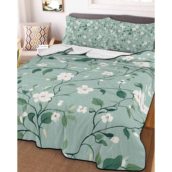White Teal Spring Floral Twin XL Size Down Alternative Comforter,Lightweight Comforter Quilt Bedding Set with Pillow Shams Watercolor Flowers Summer Botanical Bed Comforter Duvet Insert 68"x98"