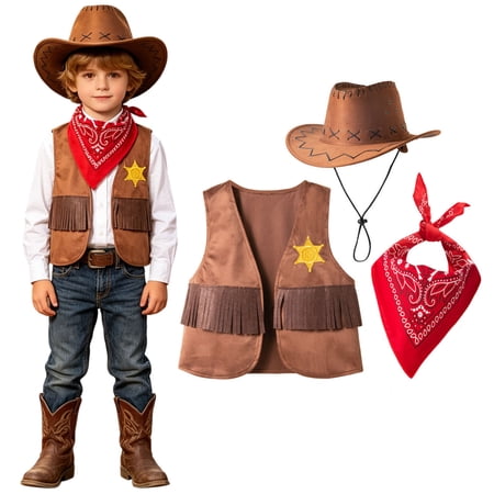 Leey-World Toddler Winter Coat Boys Cowboy Cowgirl Costume Outfits for Boys Toddler Kids Dress Up Role Play Parties Cowboy Costume(Coffee 6-12 Months)