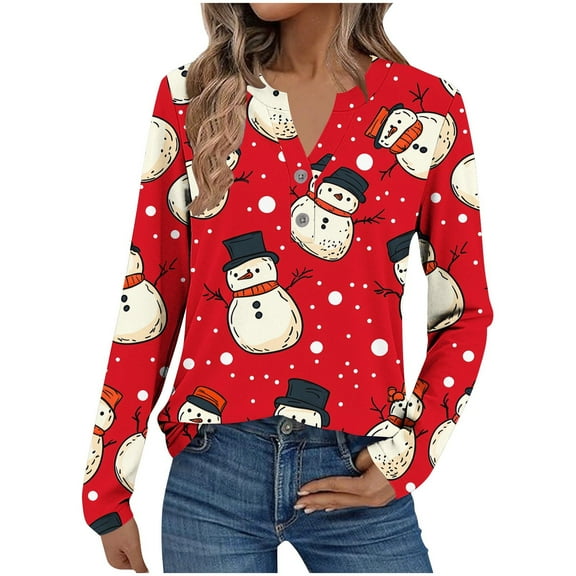 Fall Fashion Must Haves Christmas Shirts for Women Holiday Fashion Top with Buttons Long Sleeve V Neck Christmas Print Blouse Fall Clothes My Items