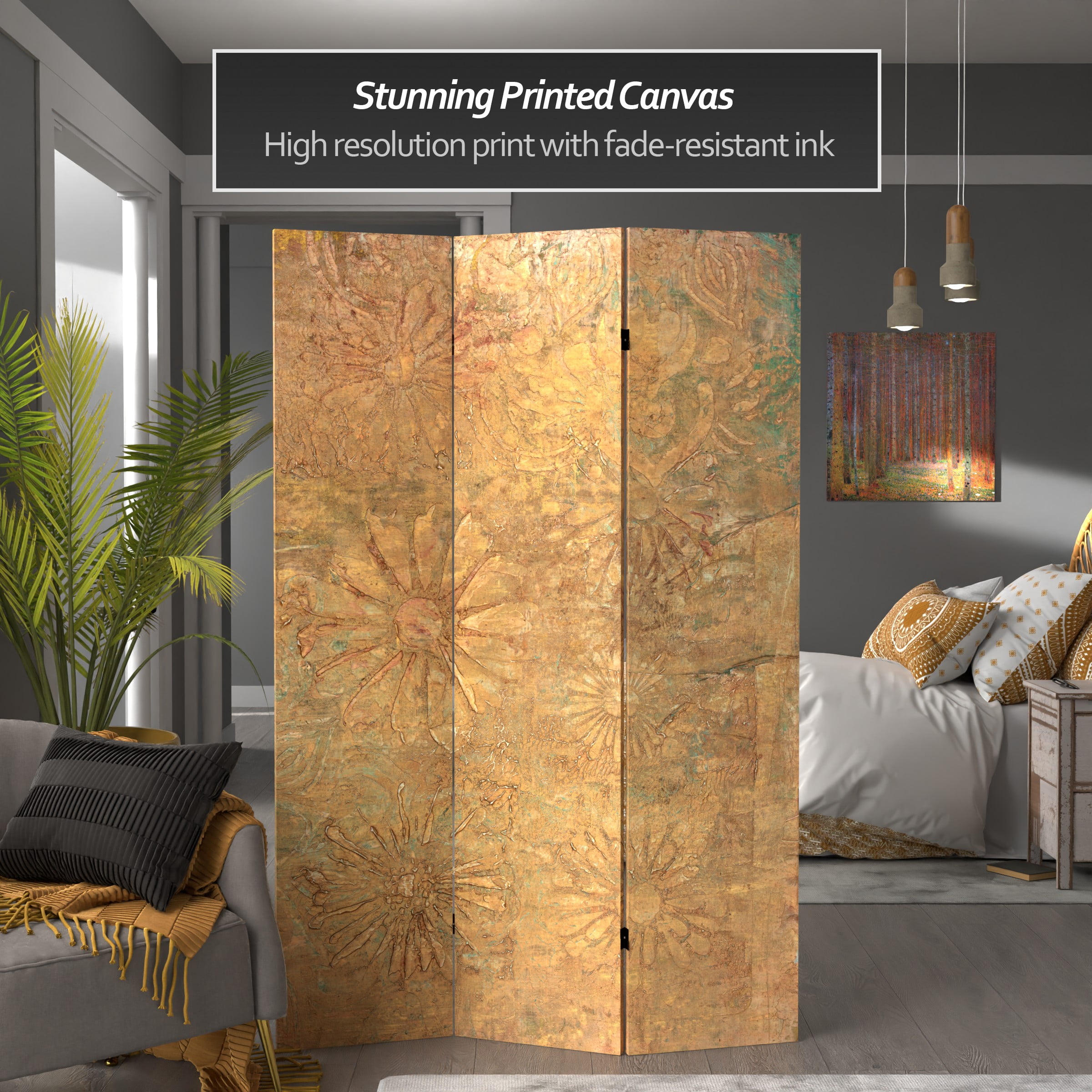 6 ft. Tall Double Sided Brass Blossoms Canvas Room Divider