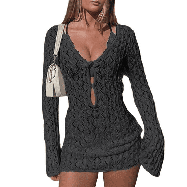 Robe de Plage Mini au Crochet à Manches Longues pour Femme, Cache-Maillot, Noir, P