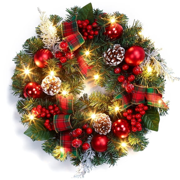 18 Inch Pre‑Lit Christmas Wreath, Artificial PVC Wreath with 15 LED Lights 8 Lighting Modes & Timer, Red Balls Berries Pine Cones Plaid Ribbon, Battery Operated for Front Door Holiday Decoration