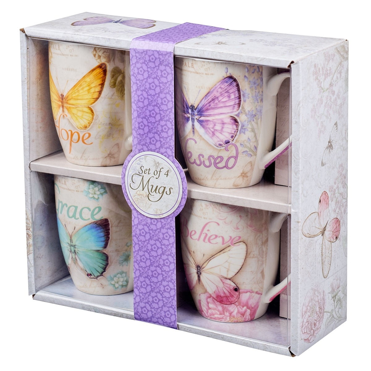 Botanic Butterfly Blessings Coffee/Tea Mug Set w/Scripture  Teal Grace Butterfly, Purple Blessed Butterfly, Pink Believe Butterfly, Yellow Hope Butterfly, Microwave/Dishwasher Safe, Ceramic 12oz