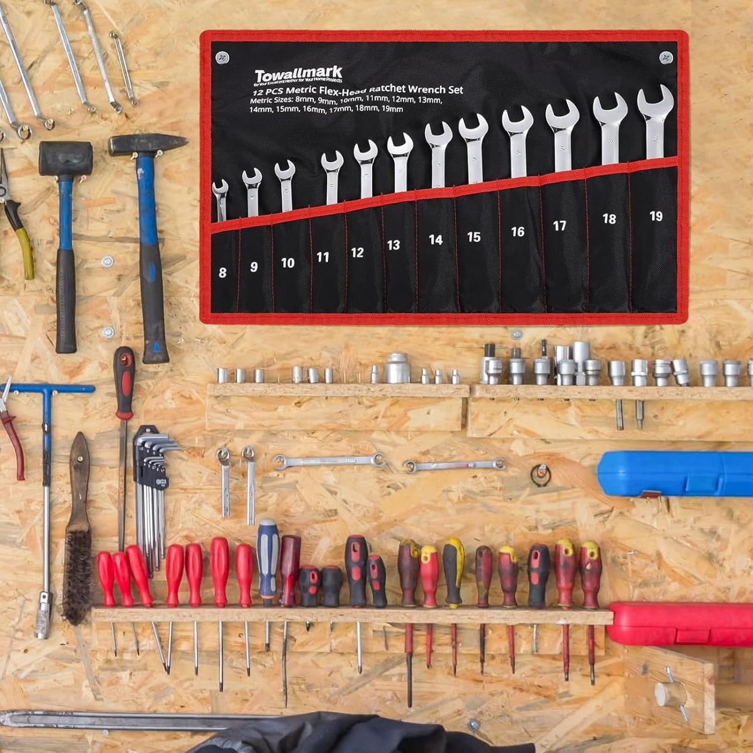 Flex-Head Ratcheting Wrench Set, Combination Wrench Set, 72 Tooth, Metric, 12-piece, Size Covers 8-19mm, CR-V Steel, with Rolling Pouch