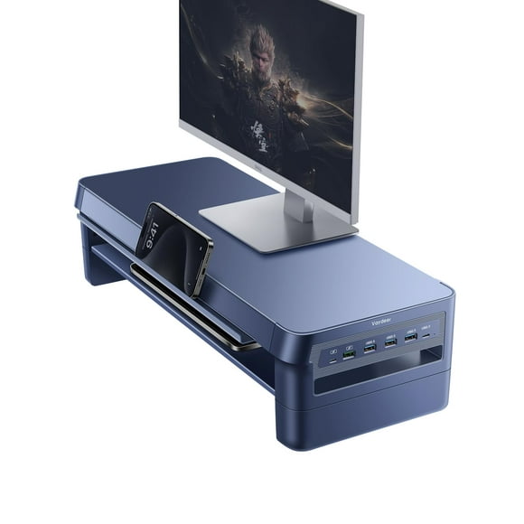 Vaydeer All-in-One Dual Monitor Stand Riser 2 Tier USB 3.0 Monitor Stand, Metal Monitor Riser with Hub, Support Fast Charging and Transfer Data, Desk Organizer for PC, iMacï¼21.4inch