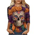 thumbnail image 2 of Xdegoge Womens Sugar Skull Graphic Tees Long Sleeve Crewneck Casual Tops Day Of The Dead Print Loose Fit Shirts Fall Festival Holiday Novelty Blouses, 2 of 5