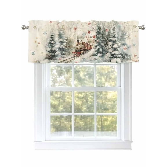 Christmas Valances for Windows Train Holly Woods Scene Lights Snowflakes Colorful Rod Pocket Curtains Valance Short Window Treatment Drapes for Living Room, Bedroom Bathroom 56" W x 16" L