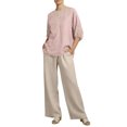 thumbnail image 2 of ClodeEU Women's Embroidered Linen Blend 3/4 Sleeve Boho Set,Casual Solid Color Wide Leg Pants Two Piece Outfit Pink,Women's Plus M, 2 of 8