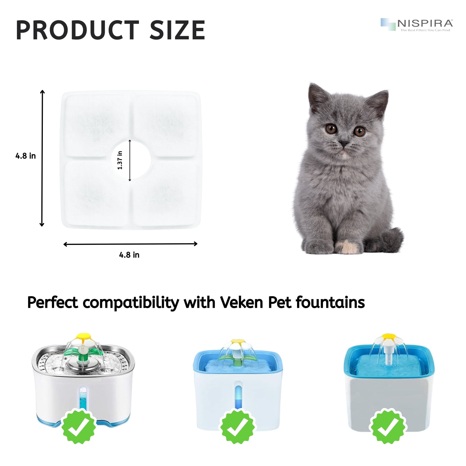 NISPIRA Triple Filtration Charcoal Water Filter Replacements for Veken 84oz/2.5L Pet Cat Dog Water Fountain, 24 Pack