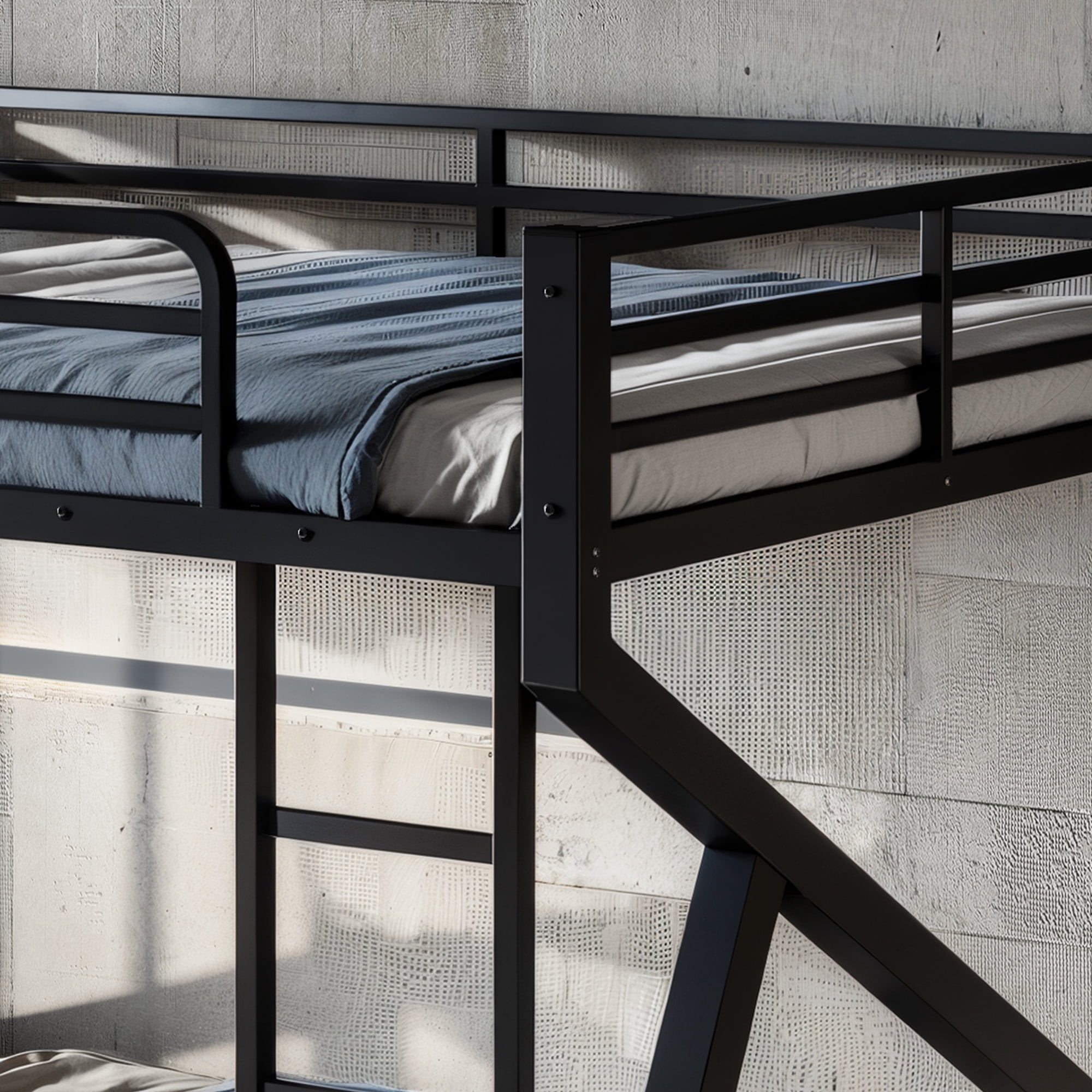 Leumius Queen over Queen Bunk Bed Frame with Ladders, Metal Bunk Bed with Full Upgraded Support Slats, Low Profile Bunk Bed for Teens Adults Black