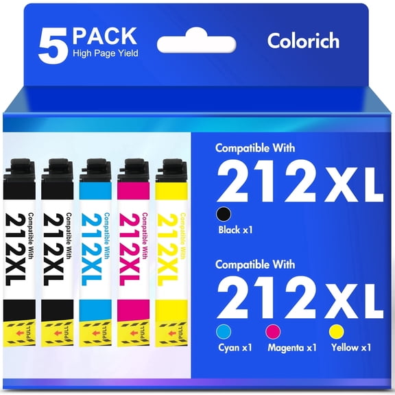 5-Pack 212XL Ink Cartridges Compatible for 212 212XL Printer Ink Combo Pack for WorkForce WF-2850 WF-2830 Expression Home XP-4100 XP-4105 (2 x Black, Cyan, Magenta, Yellow)