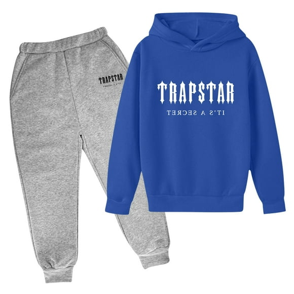 Trapstar Ensembles de Chandails à Capuchon pour Enfants Chandails Graphiques à Manches Longues pour Garçons Filles Amples Trapstar Chandails à Enfiler de Rue+pantalons de Survêtement Ensemble pour Enfants de 2 Ensembles de Chandails Classiques (Bleu, 150)