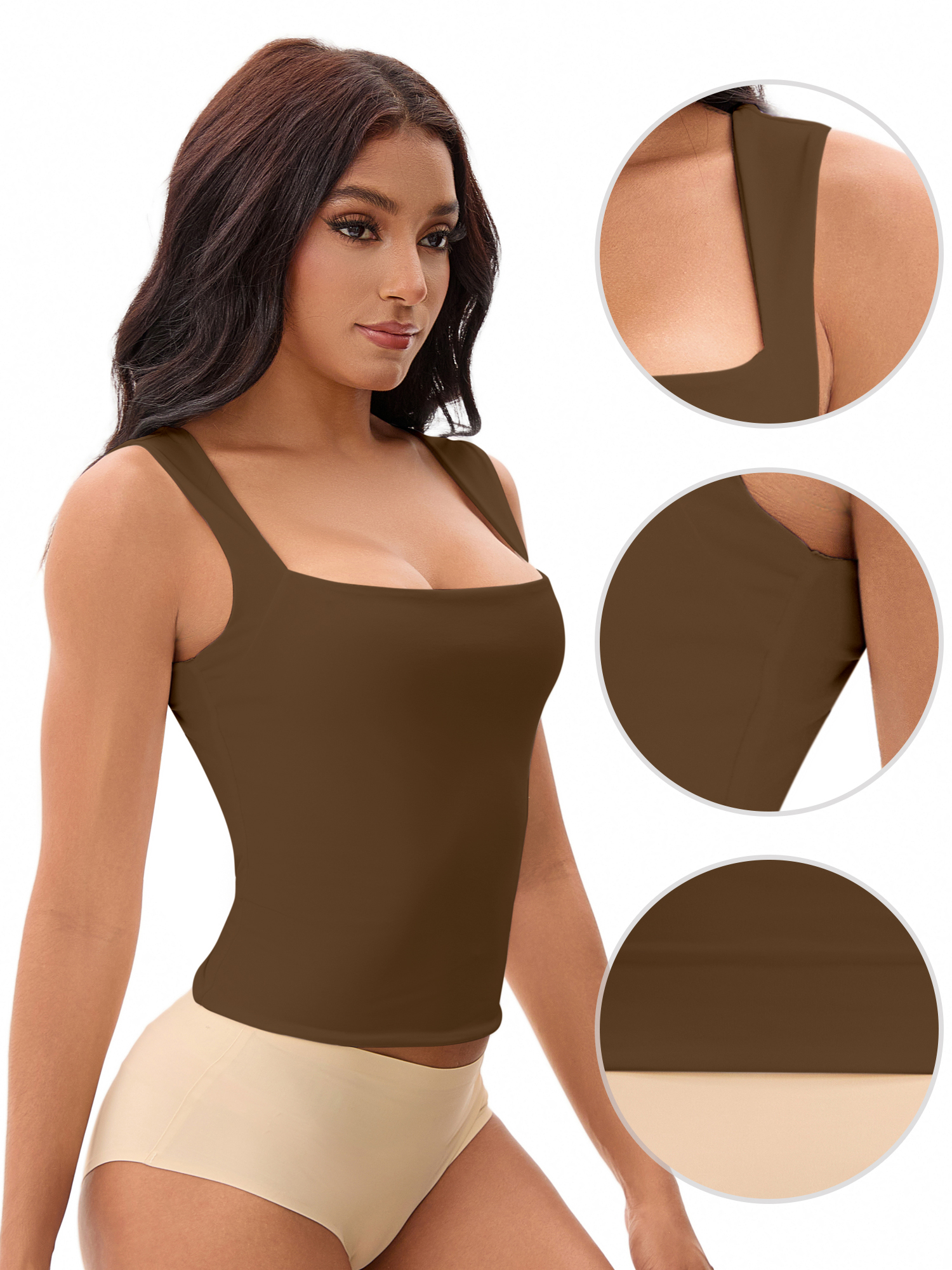 Unique Bargains Square Neck Sleeveless Tank Camisoles M Brown