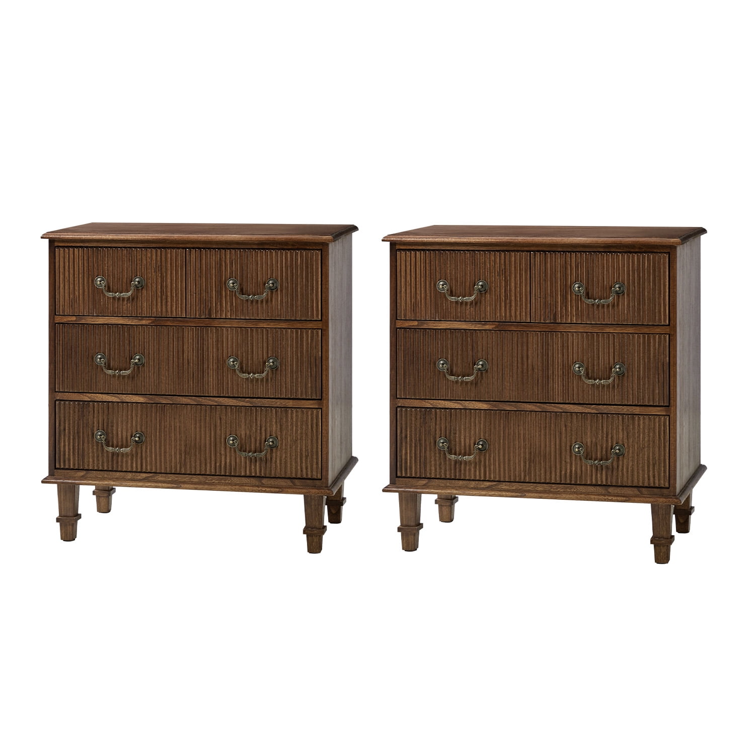 Tina's Home Transitional Set of 2 Solid Wood End Tables with Vertical Striped Design, Built-in Charging Station - 4 Walnut Drawers