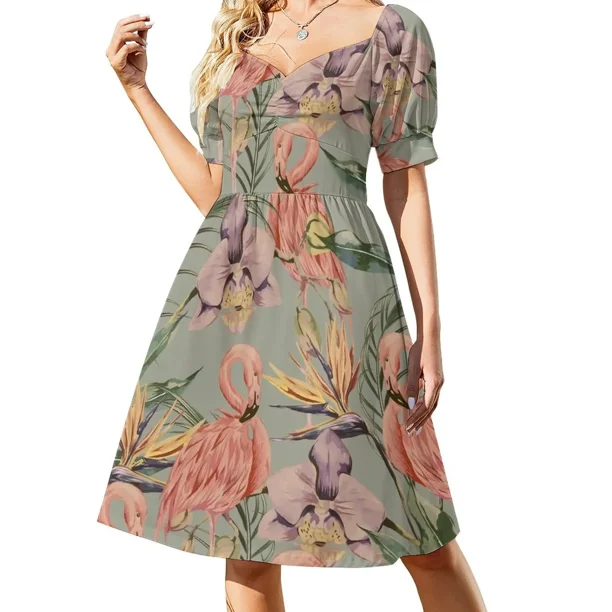 Vestido Vintage de verano sin mangas para mujer estampado Tropical de orquídeas y flamencos
