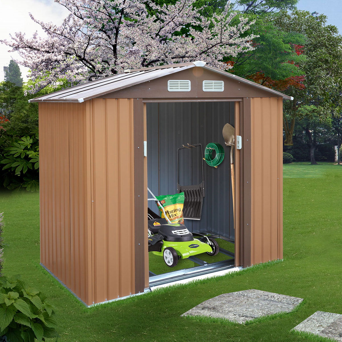 Jaxpety 7' x 4' Outdoor Backyard Garden Metal Storage Shed for Utility Tool Storage, Gable Roof