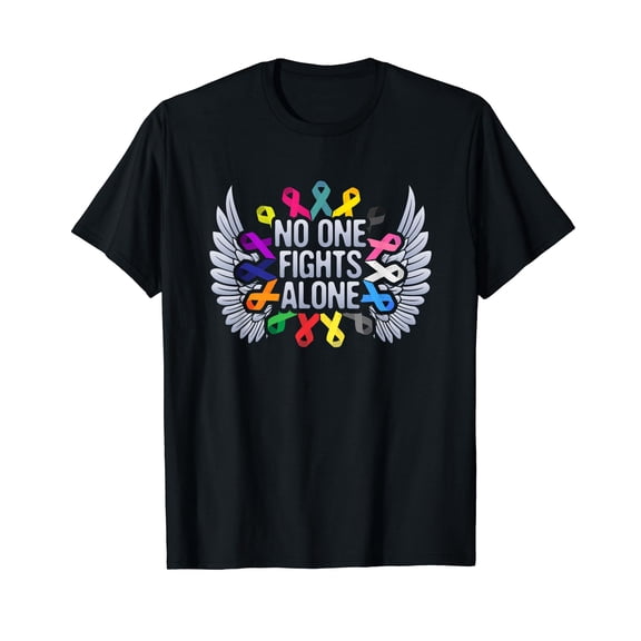 No One Fights Alone Multicolor Ribbon for Cancer Awareness T-Shirt Small