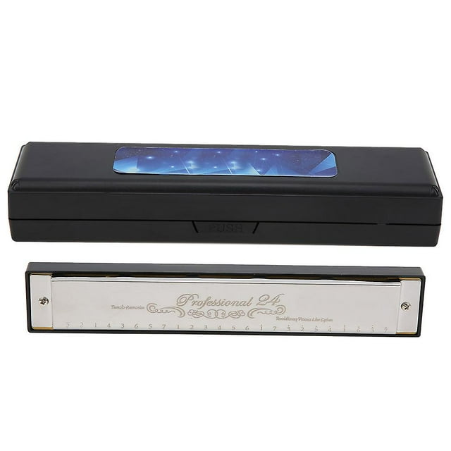 24 Hole Polyphonic Harmonica in C Key for Student, Adult and Beginner, with Resin Accented Mouth Organ, Silver