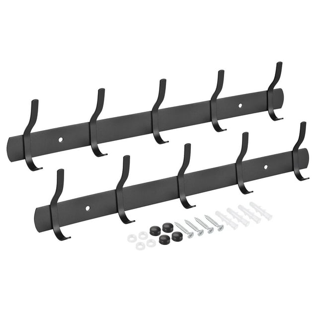Unique Bargains 2Pack Black Wall Mounted with 5 Hooks Coat Hook Rack Wall Hanger