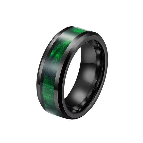 PAURO Men's Stainless Steel Black Ring with Abalone Shell Classic Simple Plain Wedding Band Ring Green Size 10