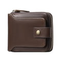 thumbnail image 1 of Cartera para hombre de piel auténtica con bloqueo RFID, billetera plegable con ventana para identificación, bolsillo para monedas con cremallera, color café, 1 of 5
