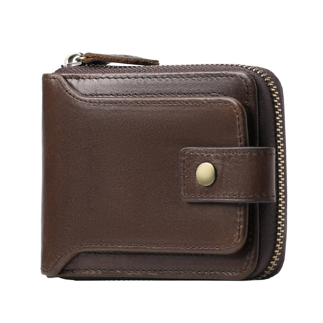 Cartera para hombre de piel auténtica con bloqueo RFID, billetera plegable con ventana para identificación, bolsillo para monedas con cremallera, color café