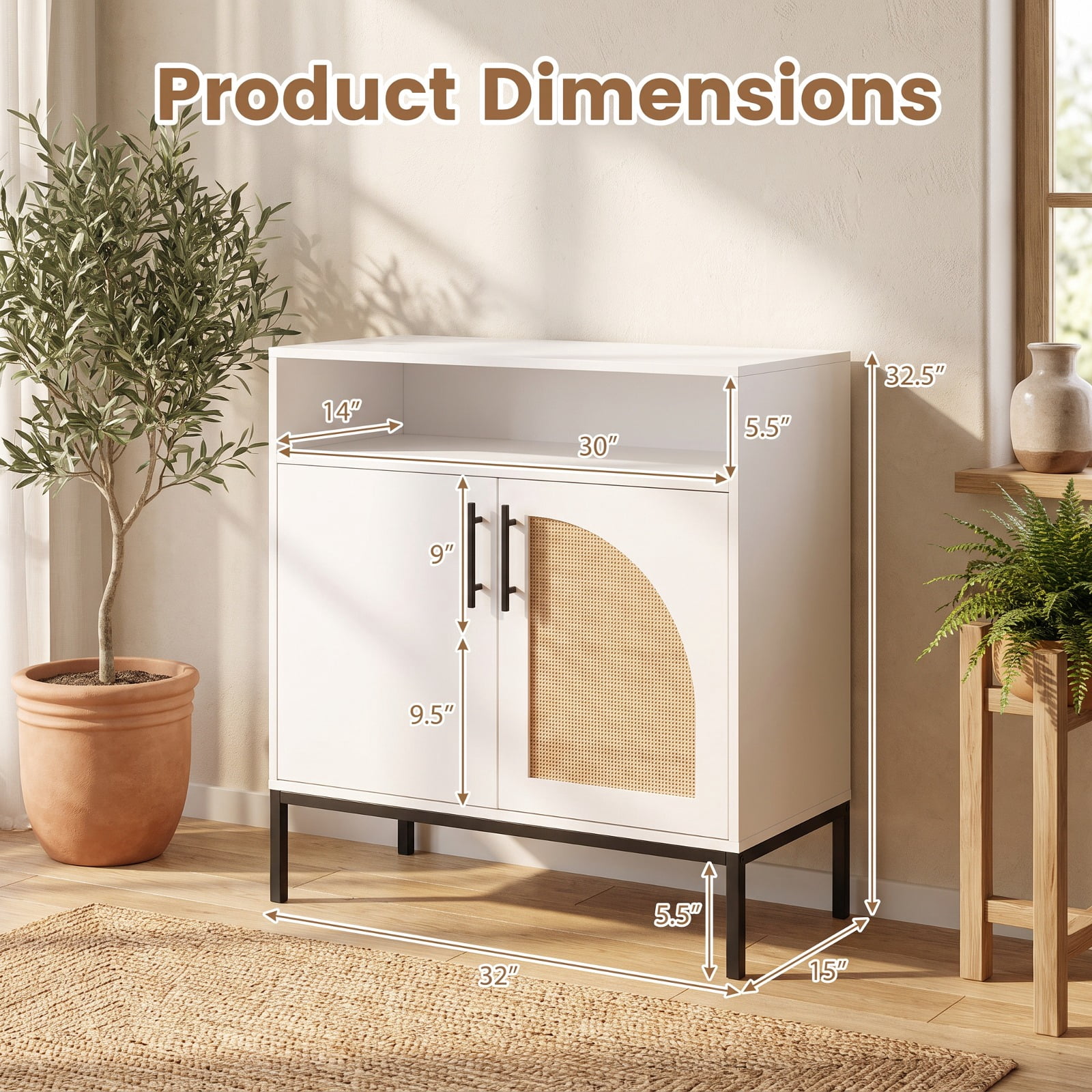 Furnibear 32" Sideboard Buffet Cabinet with 2 Natural Rattan Decorated Doors and Adjustable Shelf for Kitchen Dining Living Room Buffet, White