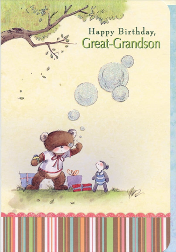 Designer Greetings Bear Blowing Bubbles Die Cut Juvenile Birthday Card for Young Great-Grandson