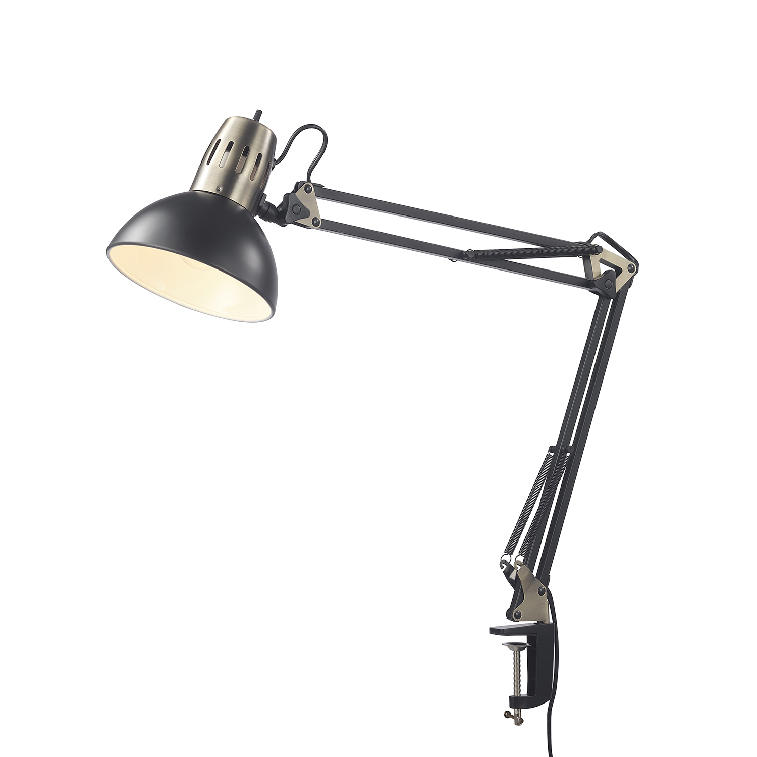 32" Matte Black Multi-Joint Desk Lamp with Metal Clamp Base and Antique Brass Accents