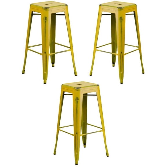 Home Square 30" Metal Backless Bar Stool in Distressed Yellow - Set of 3