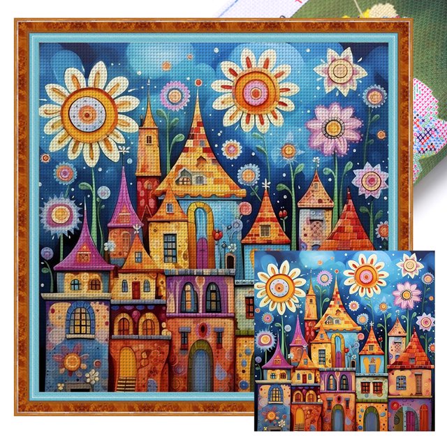 Kit Punto Cruz Con Casa Hilo Algodón Ecológico Bordado 14CT Art40x40cm