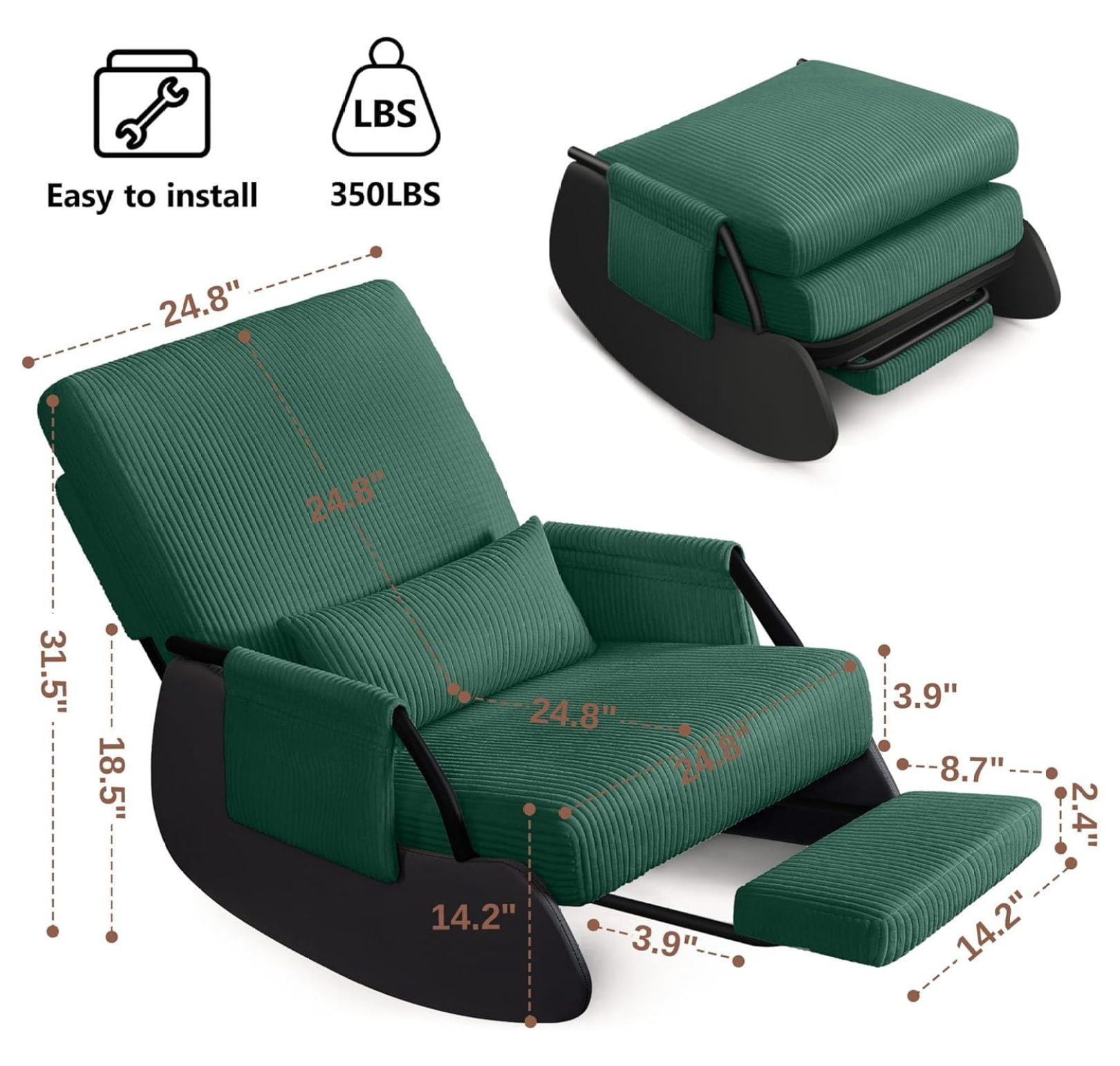 Rocking Chair , Low-Seat Glider Chair, Upholstered Rocking Chair with Side Pocket and Foot Rest, Comfortable Modern Accent Armchair Recliner for Mom Living Room Bedroom Green