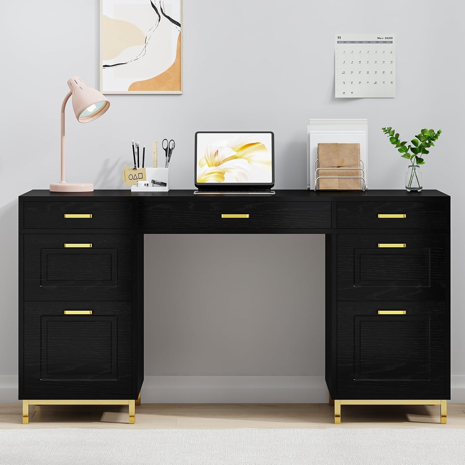 DreamCurship 57" Computer Desk with Storage, Black and Gold with 7 Drawers, Executive Desk with File Drawers, Home Office Desk for Home Office, White and Gold