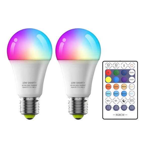 10W Smart Light Bulb Wi-Fi LEDs Bulbs 2700K-6500K RGBW E27 Voice Control Timer for Home Party Decor (2 Packs Light Bulb +1 Remote Control )