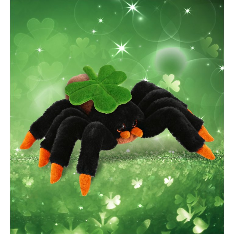 DolliBu Wild Tarantula Spider Stuffed Animal With Green Shamrock - 7 Inch St Patrick's Day Plush Toy