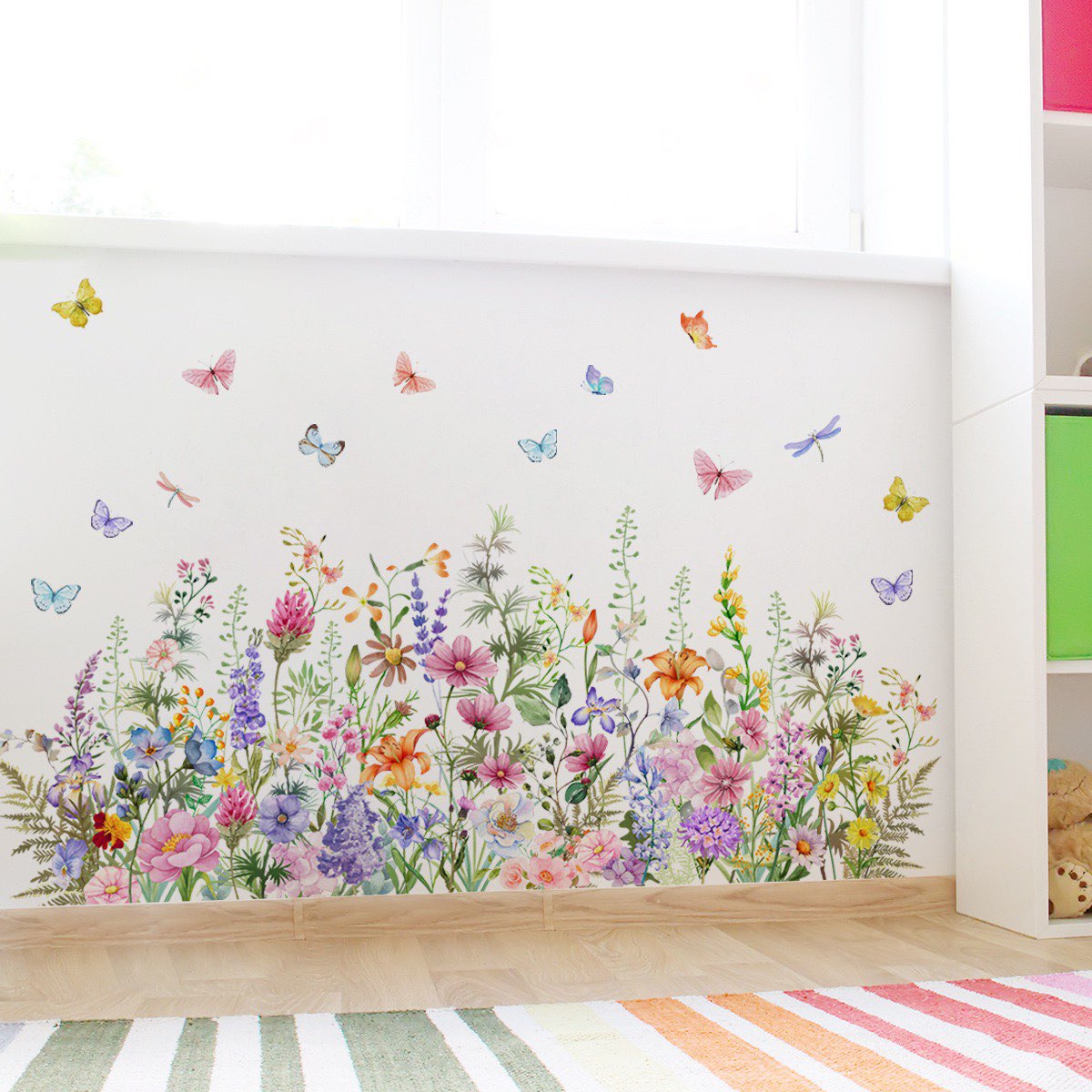 Watercolor flower stickers, flower and butterfly wall stickers, Daisy stickers, Peel and Stick Hanging Flower Plants Wall Decals for Bedroom Living Room Office Classroom Wall Décor