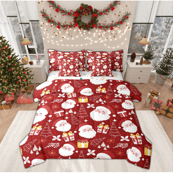 Manfei Kawaii Santa Claus Twin Bedding Sets 7-Piece for Kids, Cartoon Christmas Tree Bedding Comforter Set, Winter Festival Reversible Sheet Sets, Super Cozy Room Decor