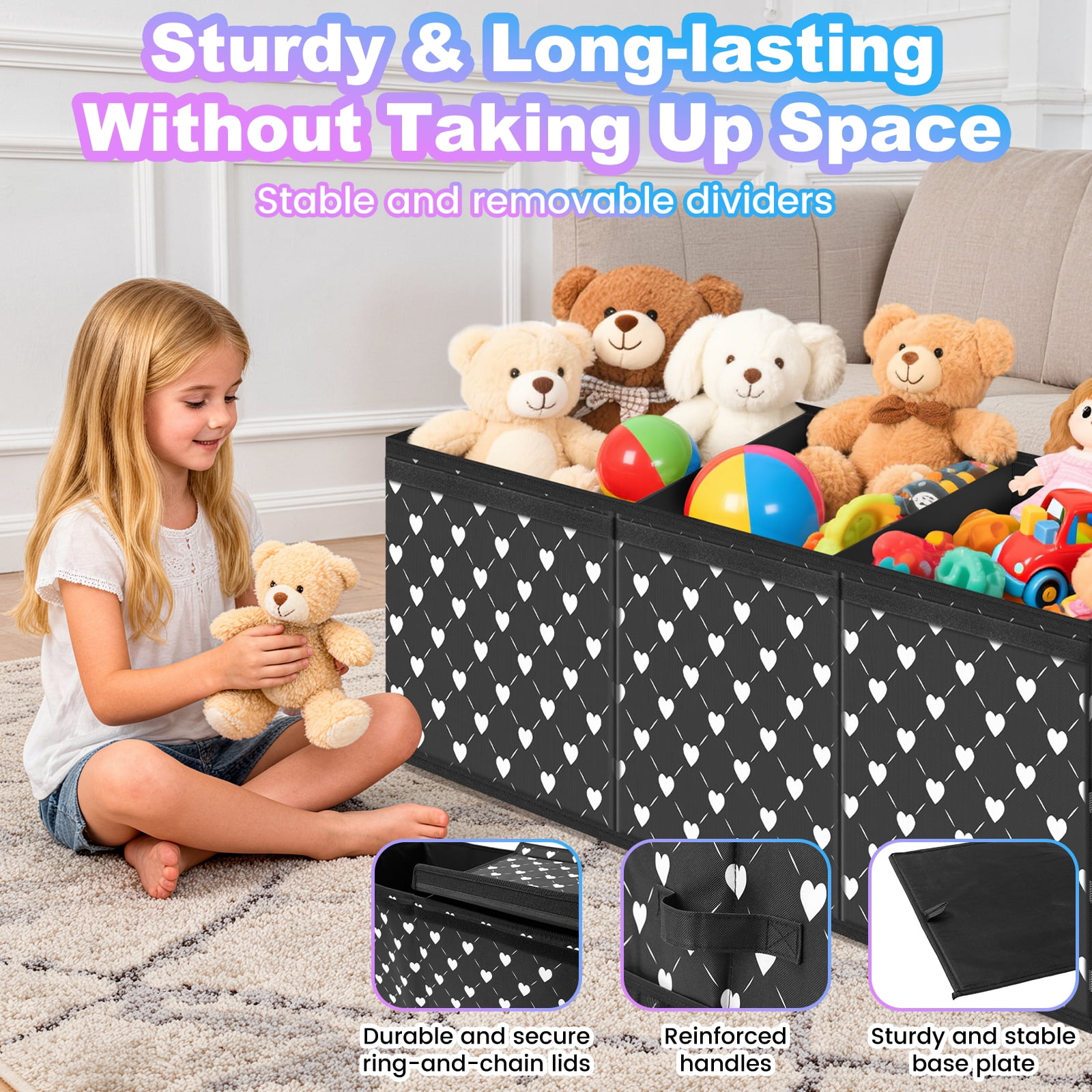 Extra Large Toy Box, Collapsible Sturdy Kids Toy Chest Storage Box with 3 Side bags and Removable Lids, 41"X14"X16"，large toy box for Nursery Room, Playroom,Closet,,School,Black White