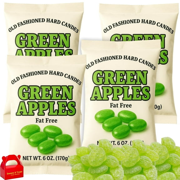 Green Apple Old Fashioned Hard Candy, 4 Bags (6 oz Each), 24 oz Total, Fat Free & Gluten Free, Individually Wrapped Classic Tart-Sweet Candy, Smooth Texture & Fresh Taste