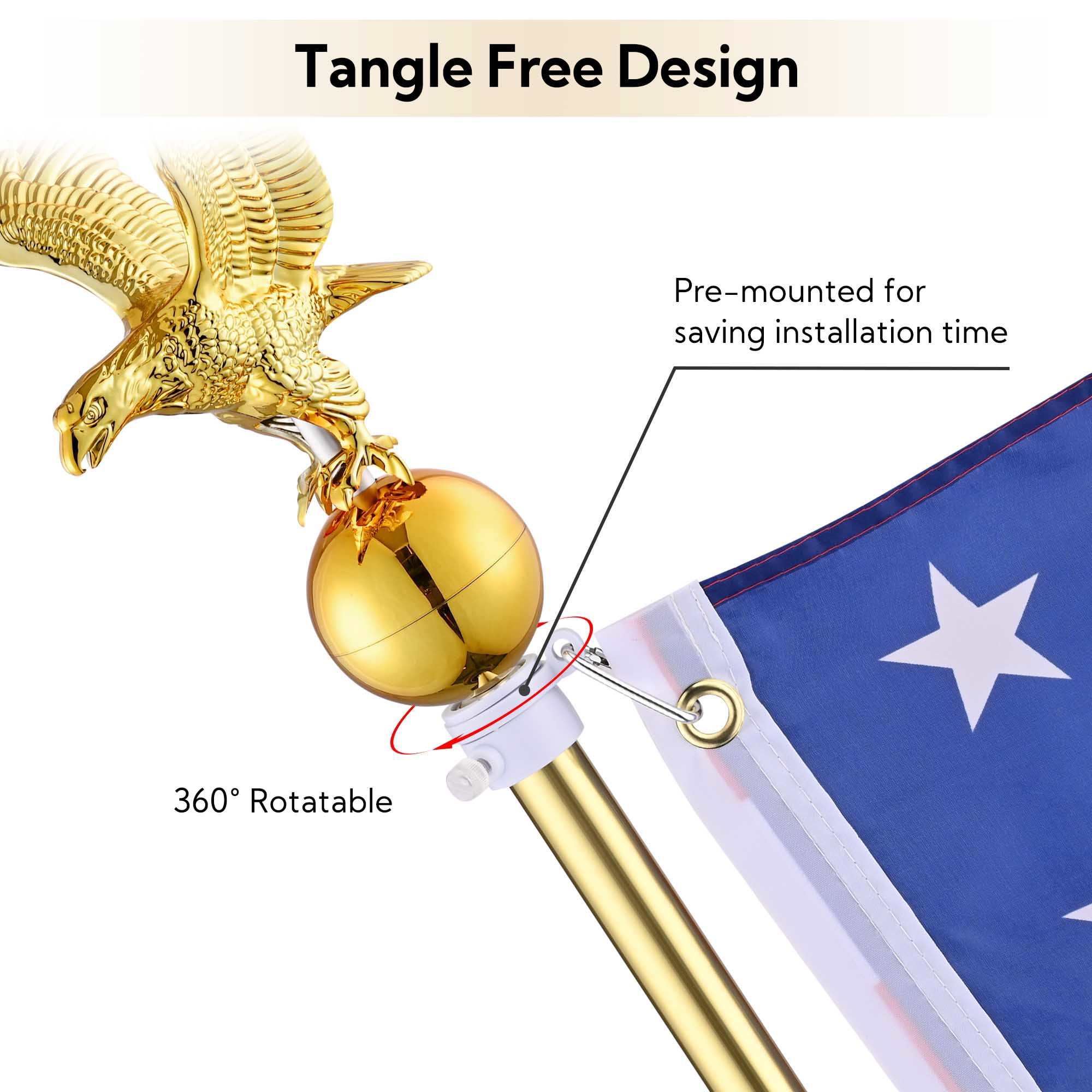 Yescom 8Ft Indoor Flag Pole Kit Eagle Topper Aluminum Gold Pole with Base 3x5Ft US Flag for Office School City Hall 2Pcs