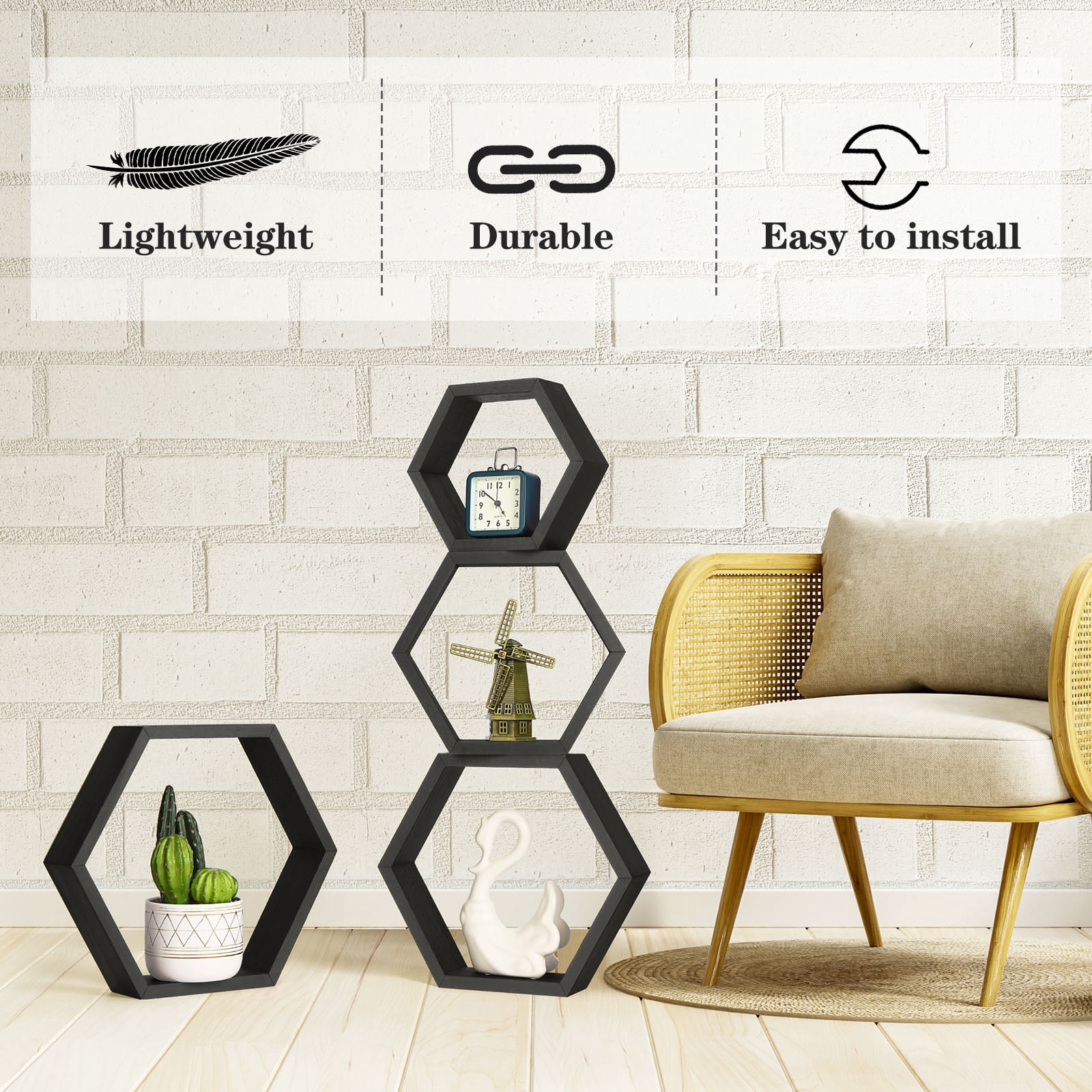 Hexagon Floating Shelves Set of 8 Honeycomb Shelves for Wall, Black