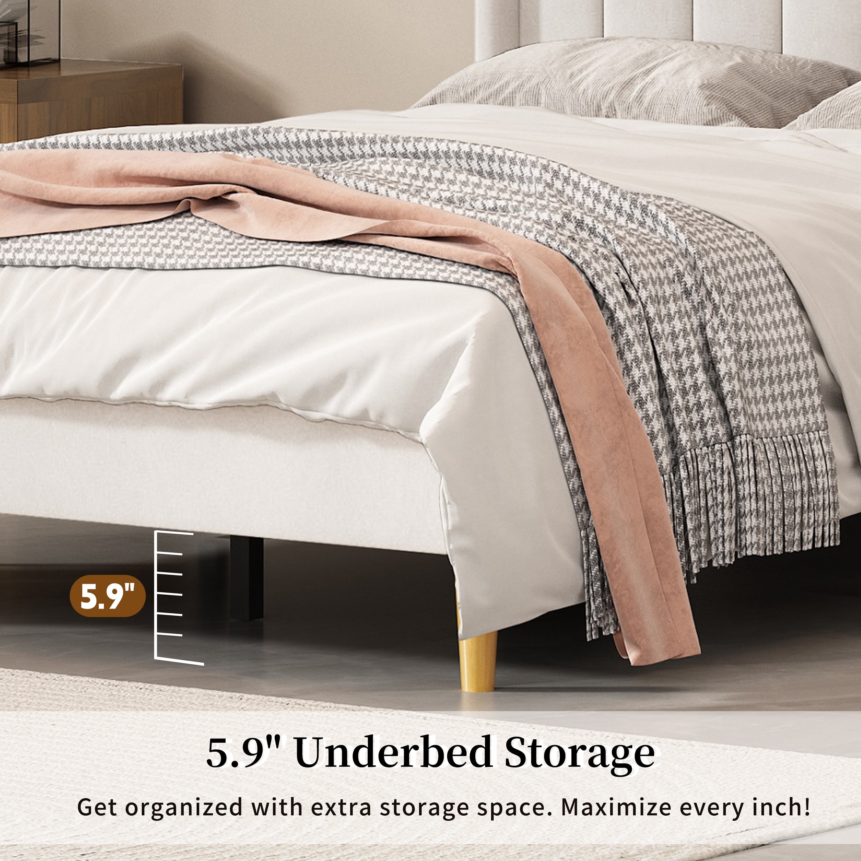 Full Size Upholstered Bed Frame,40.9" High Headboard,Strong Metal Frame,Wooden Slats Support,No Box Spring Needed,Easy Assembly,Velvet Fabric,Cream